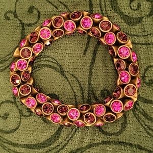 Pink purple faceted stones set in antique gold stretch quality bracelet Like New